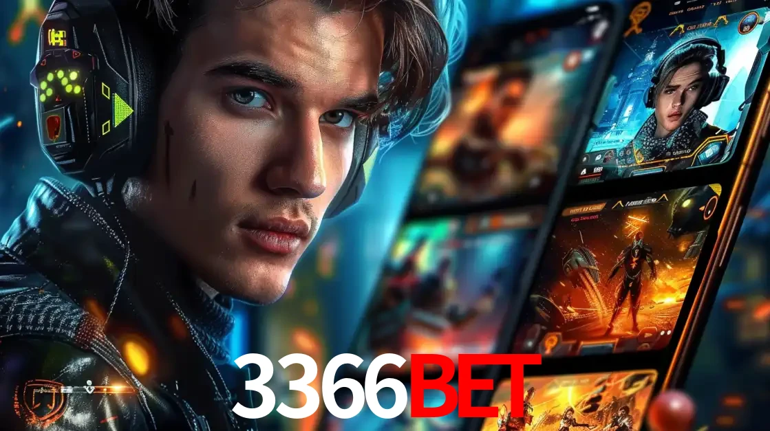 Jovem jogador com fones de ouvido olhando para a câmera, com um aplicativo de jogos e e-sports para celular ao fundo, pronto para a competição e apostas no 3366bet.