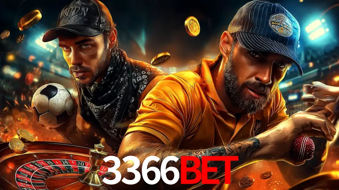 Montagem de apostas esportivas e cassino no 3366bet, com um homem segurando uma bola de futebol e outro uma de beisebol sobre uma roleta e moedas voadoras.