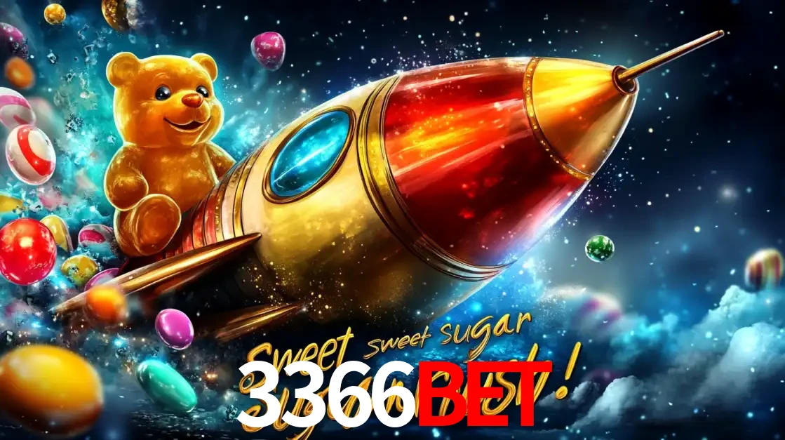 Arte promocional do jogo de slot Sugar Rush, com um urso de pelúcia em um foguete viajando pelo espaço de doces, um dos jogos divertidos disponíveis no cassino 3366bet.